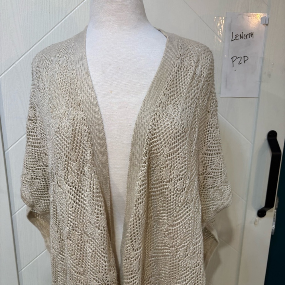 Warehouse‎ One Boho Cream Open Knit Fringe Cardigan Kimono Shawl Wrap Coverup